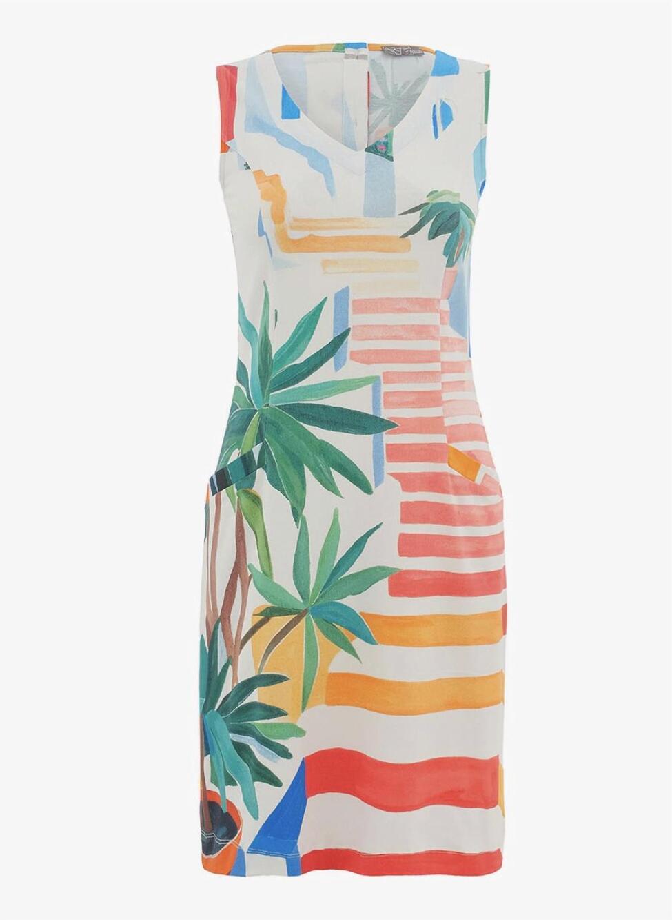 NEW DOLCEZZA women's pots on the stairs summer dress in orange, green, blue, red
